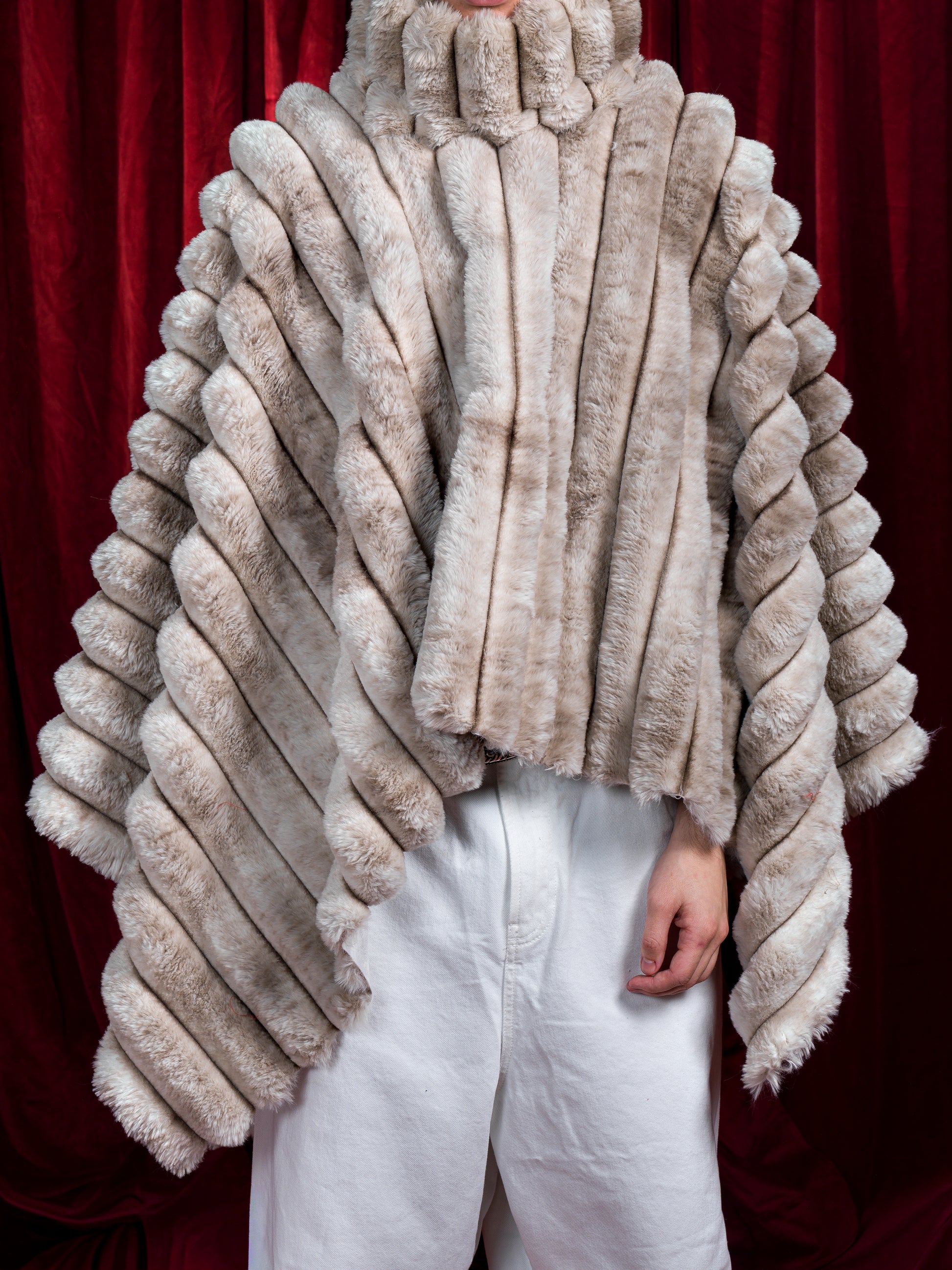 Beige Crinkled Faux Fur Pullover