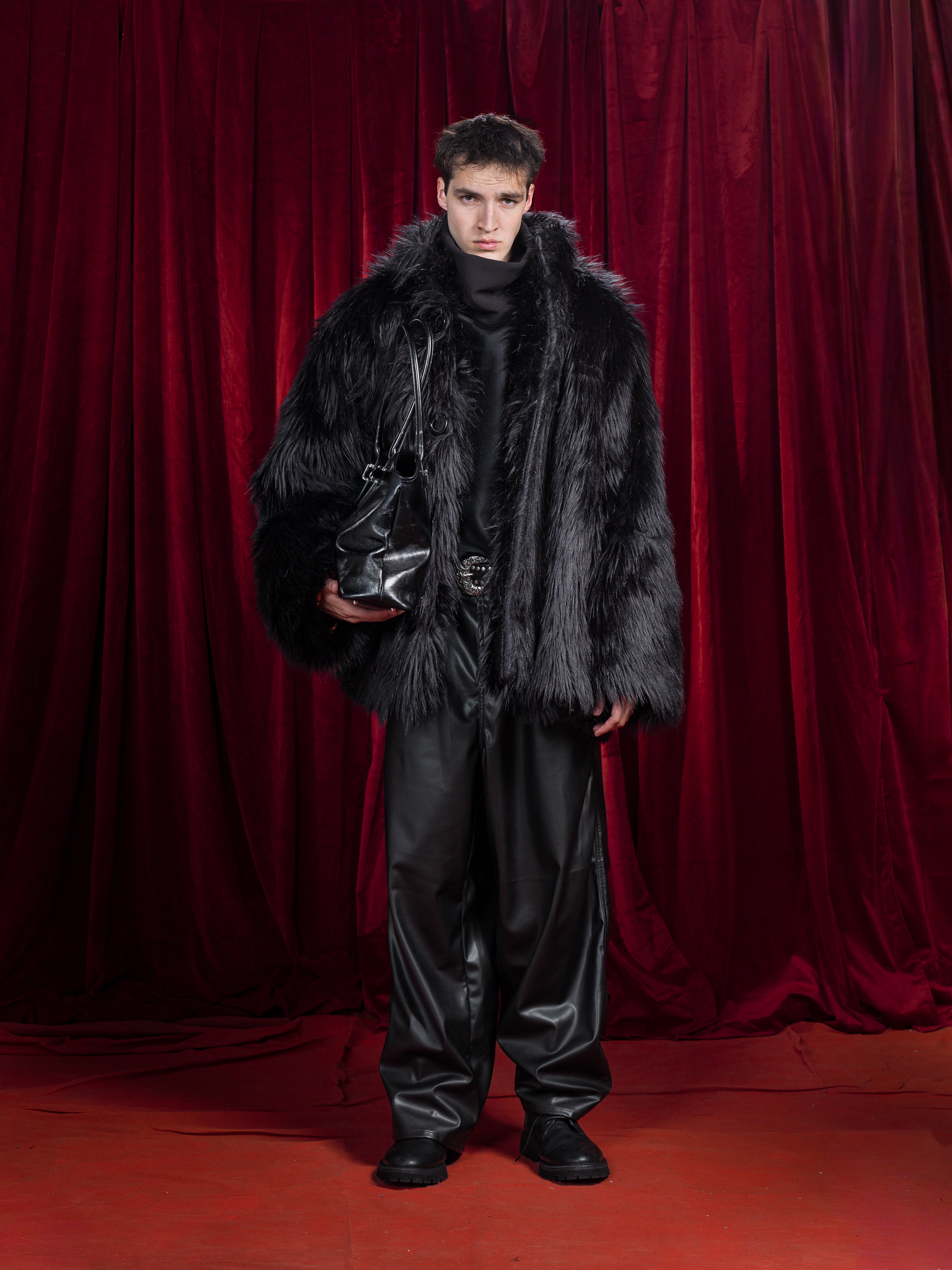 Black Waxed Denim Baggy Pants